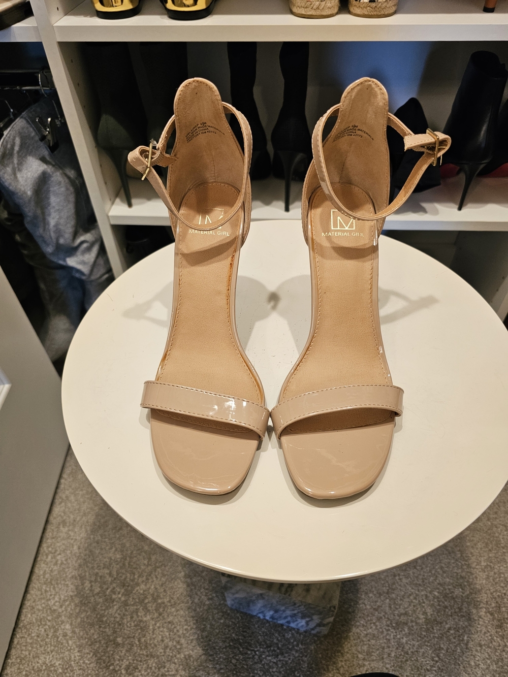 Material Girl Beige Patent Ankle-Strap Heels